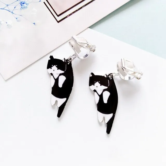 Korea Style Top Quality black white Cartoon cat pattern Clip on Earrings