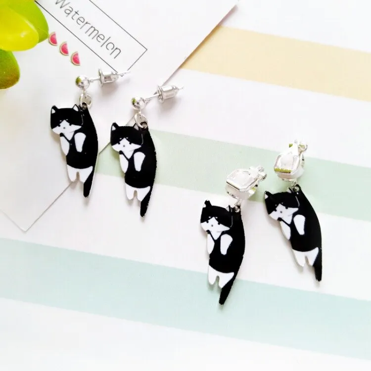 Korea Style Top Quality black white Cartoon cat pattern Clip on Earrings