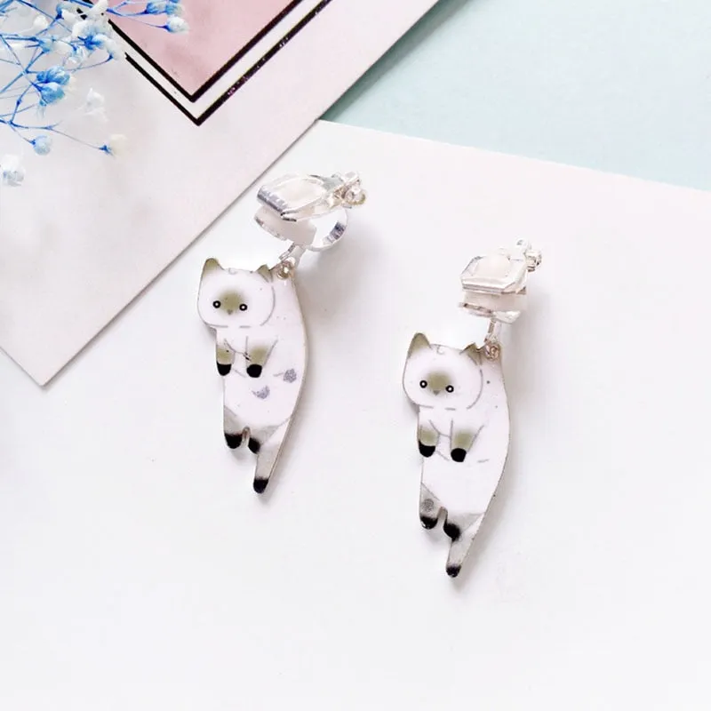 Korea Style Top Quality black white Cartoon cat pattern Clip on Earrings