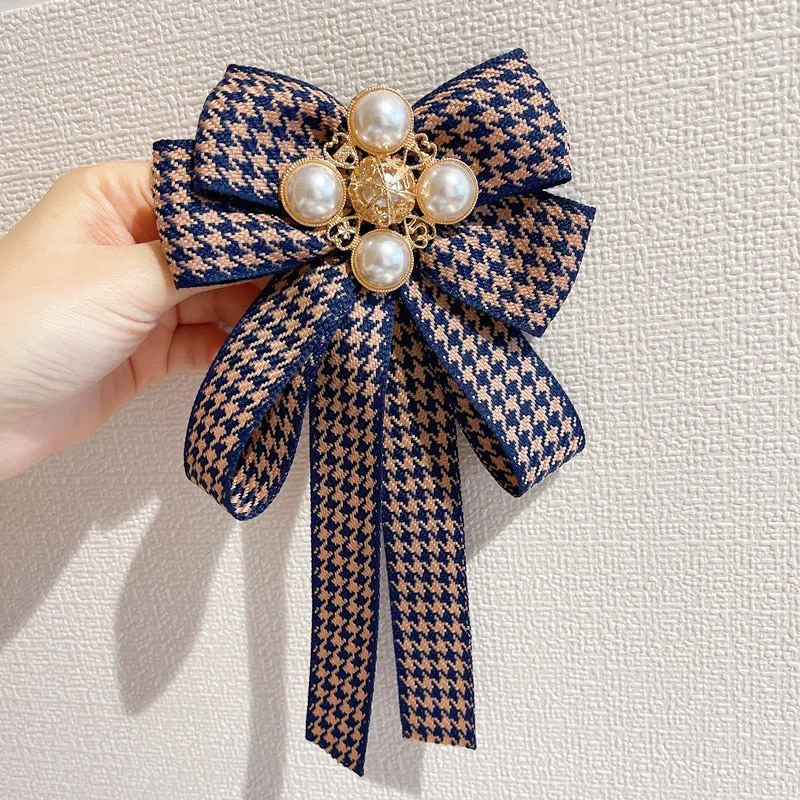 Korean Fabric Bow Tie Brooches Pearl Bowknot Necktie