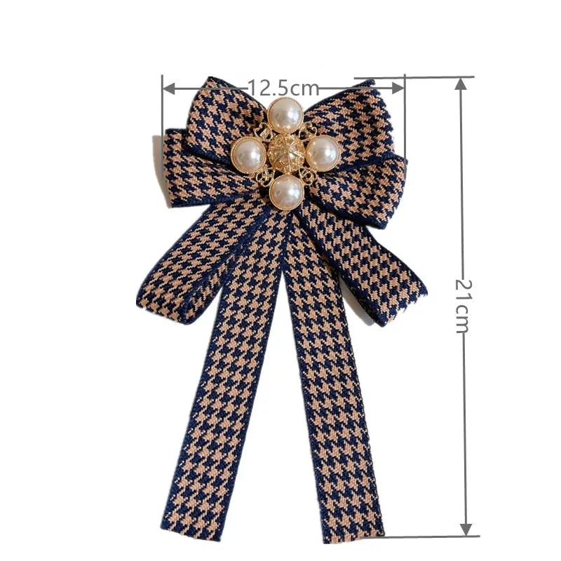 Korean Fabric Bow Tie Brooches Pearl Bowknot Necktie