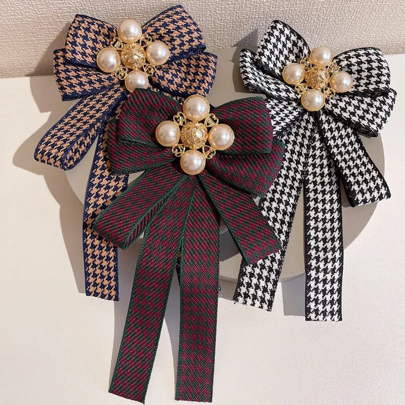 Korean Fabric Bow Tie Brooches Pearl Bowknot Necktie