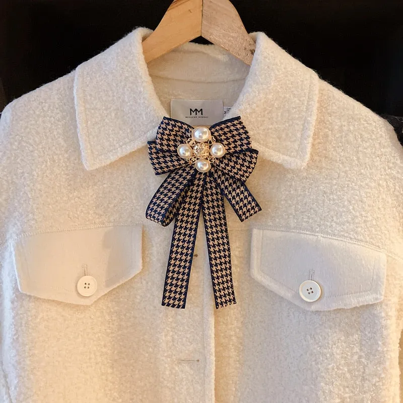 Korean Fabric Bow Tie Brooches Pearl Bowknot Necktie
