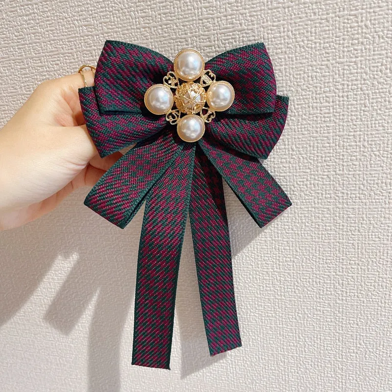 Korean Fabric Bow Tie Brooches Pearl Bowknot Necktie