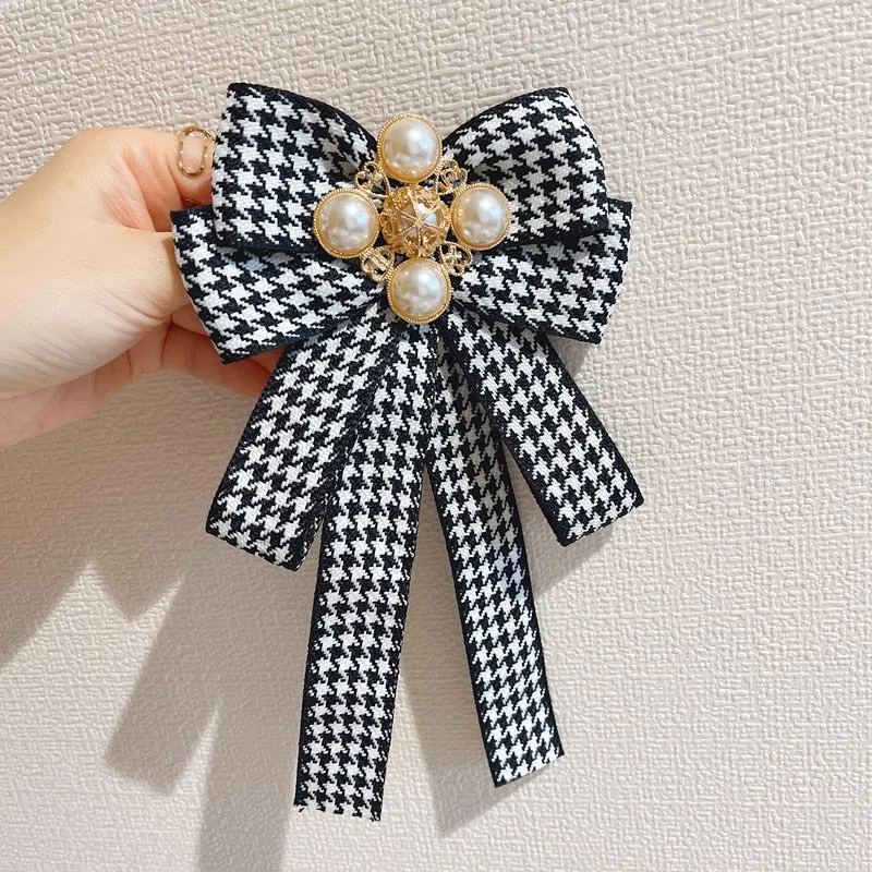 Korean Fabric Bow Tie Brooches Pearl Bowknot Necktie