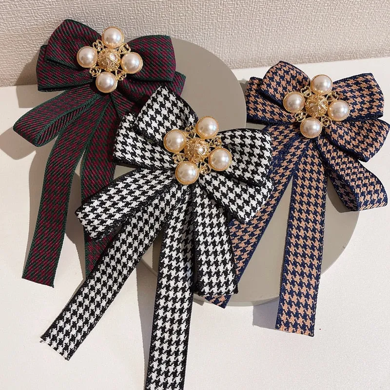 Korean Fabric Bow Tie Brooches Pearl Bowknot Necktie