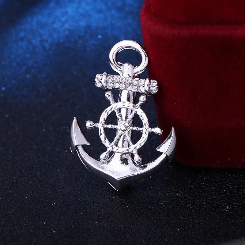Korean Rudder Anchor Brooches Men Suit Shirt Badge Metal Crystal Lapel Pins for Women