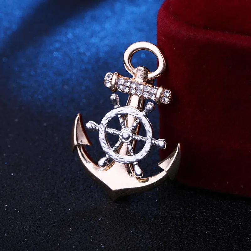 Korean Rudder Anchor Brooches Men Suit Shirt Badge Metal Crystal Lapel Pins for Women