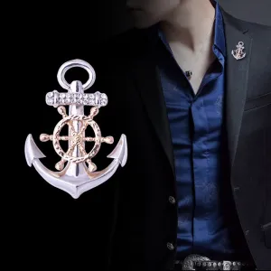 Korean Rudder Anchor Brooches Men Suit Shirt Badge Metal Crystal Lapel Pins for Women