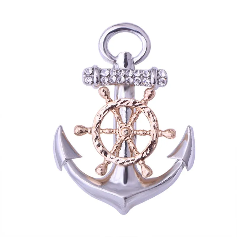 Korean Rudder Anchor Brooches Men Suit Shirt Badge Metal Crystal Lapel Pins for Women