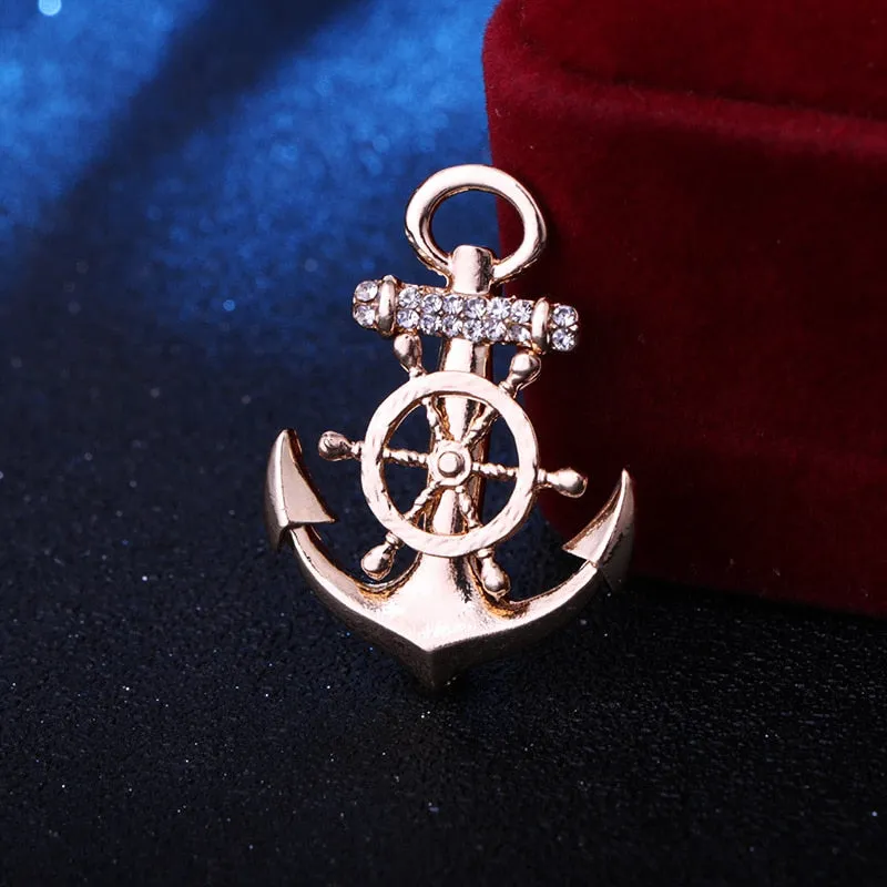 Korean Rudder Anchor Brooches Men Suit Shirt Badge Metal Crystal Lapel Pins for Women