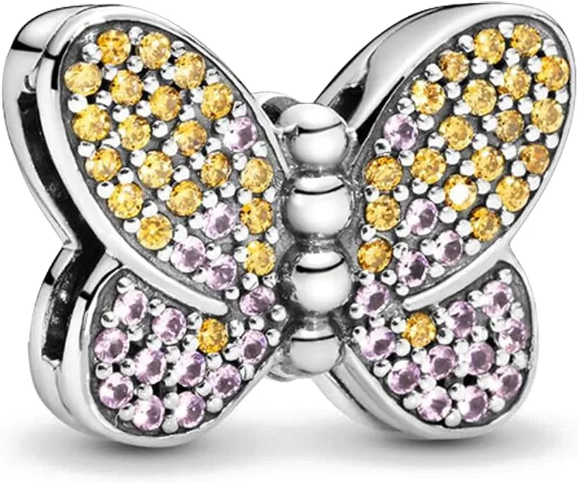 KUNSIR 925 Sterling Silver Clip-On Charm for Reflexions Mesh Bracelet Charm Bead fits Flat charm Bracelets Gift for Women（butterfly）
