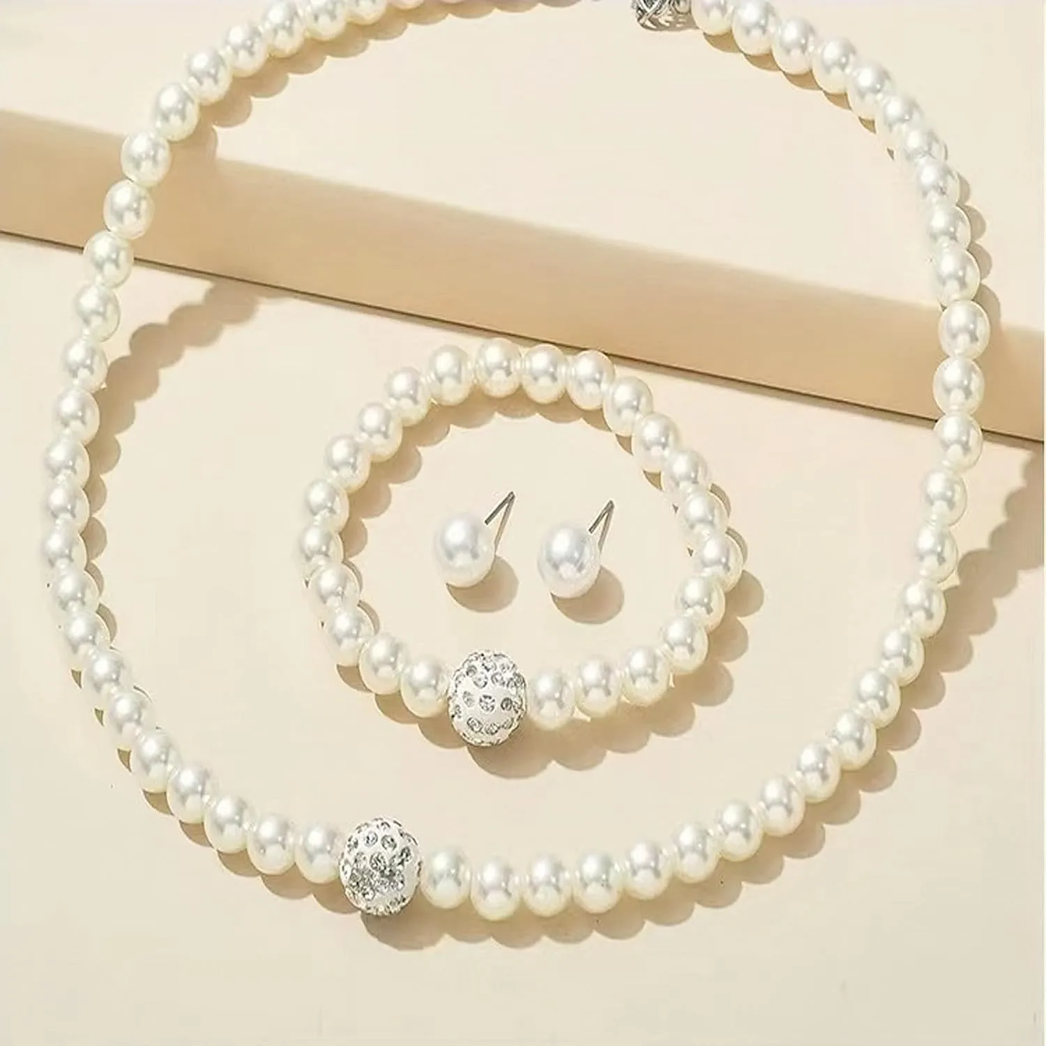 la luen Pearl Bride Wedding Jewelry Set Faux Pearls Crystal Rhinestone Necklace Earrings Bracelet Sets for Women Bridesmaid Wedding Parties Dates Everyday Wear