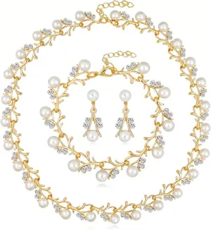 la luen Pearl Bride Wedding Jewelry Set Faux Pearls Crystal Rhinestone Necklace Earrings Bracelet Sets for Women Bridesmaid Wedding Parties Dates Everyday Wear