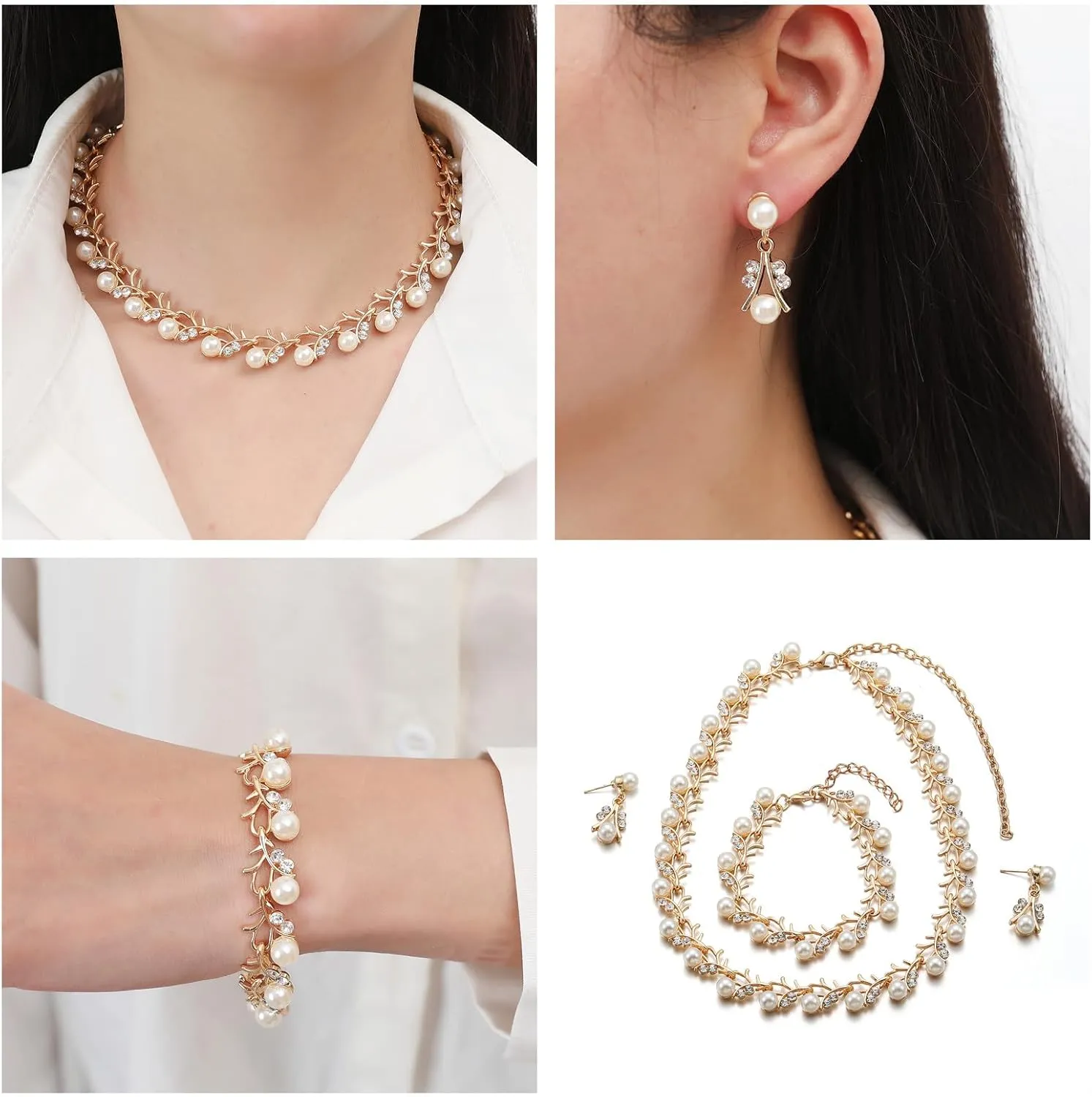 la luen Pearl Bride Wedding Jewelry Set Faux Pearls Crystal Rhinestone Necklace Earrings Bracelet Sets for Women Bridesmaid Wedding Parties Dates Everyday Wear