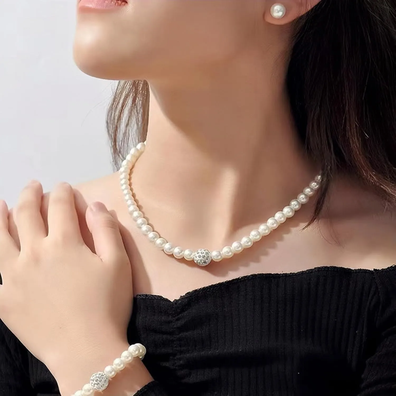 la luen Pearl Bride Wedding Jewelry Set Faux Pearls Crystal Rhinestone Necklace Earrings Bracelet Sets for Women Bridesmaid Wedding Parties Dates Everyday Wear