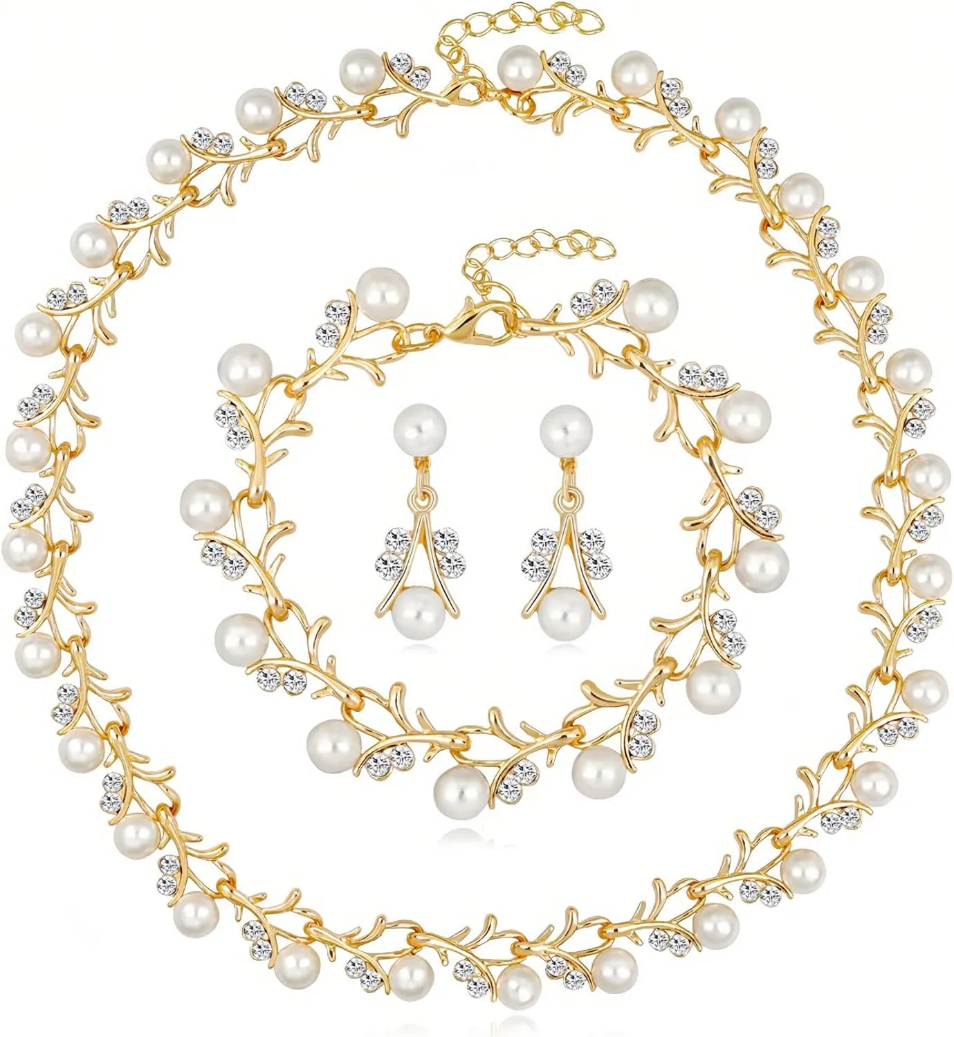 la luen Pearl Bride Wedding Jewelry Set Faux Pearls Crystal Rhinestone Necklace Earrings Bracelet Sets for Women Bridesmaid Wedding Parties Dates Everyday Wear