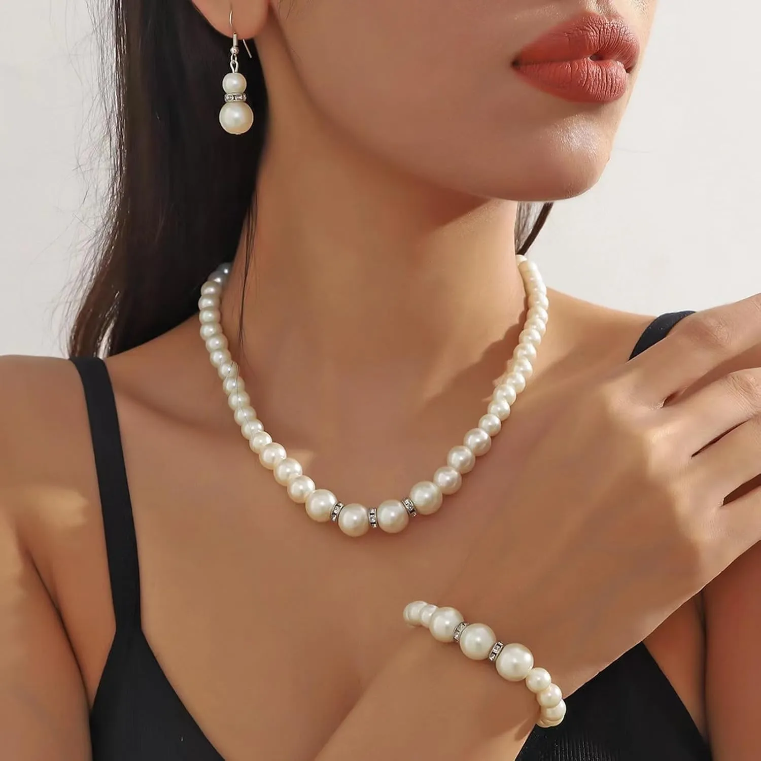 la luen Pearl Bride Wedding Jewelry Set Faux Pearls Crystal Rhinestone Necklace Earrings Bracelet Sets for Women Bridesmaid Wedding Parties Dates Everyday Wear