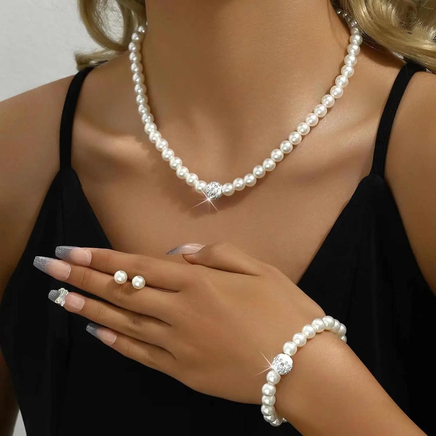 la luen Pearl Bride Wedding Jewelry Set Faux Pearls Crystal Rhinestone Necklace Earrings Bracelet Sets for Women Bridesmaid Wedding Parties Dates Everyday Wear