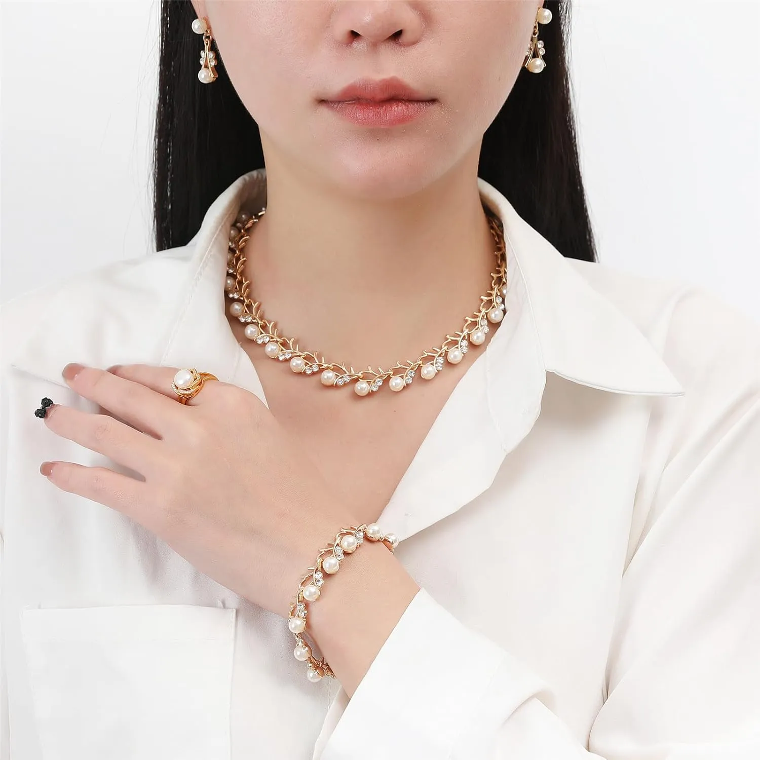 la luen Pearl Bride Wedding Jewelry Set Faux Pearls Crystal Rhinestone Necklace Earrings Bracelet Sets for Women Bridesmaid Wedding Parties Dates Everyday Wear
