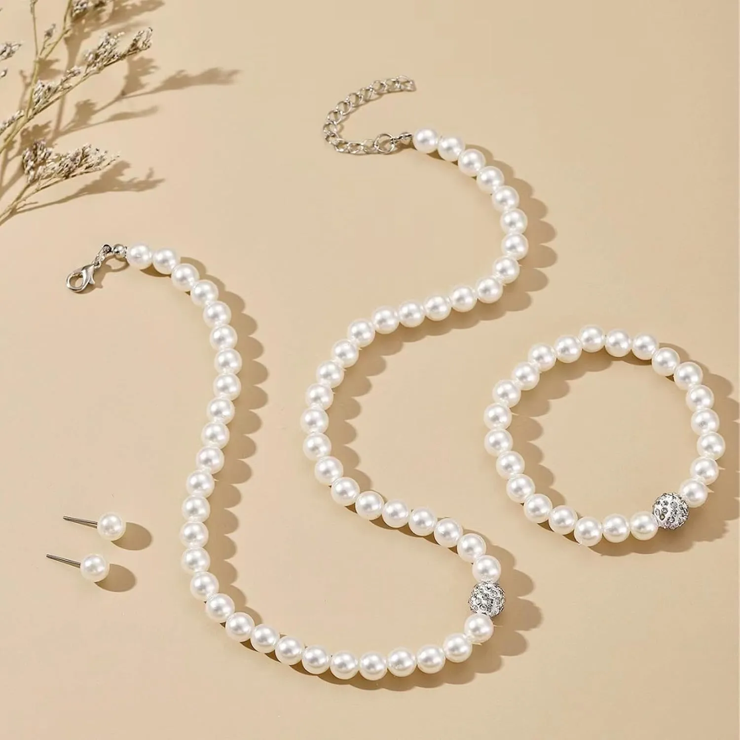 la luen Pearl Bride Wedding Jewelry Set Faux Pearls Crystal Rhinestone Necklace Earrings Bracelet Sets for Women Bridesmaid Wedding Parties Dates Everyday Wear