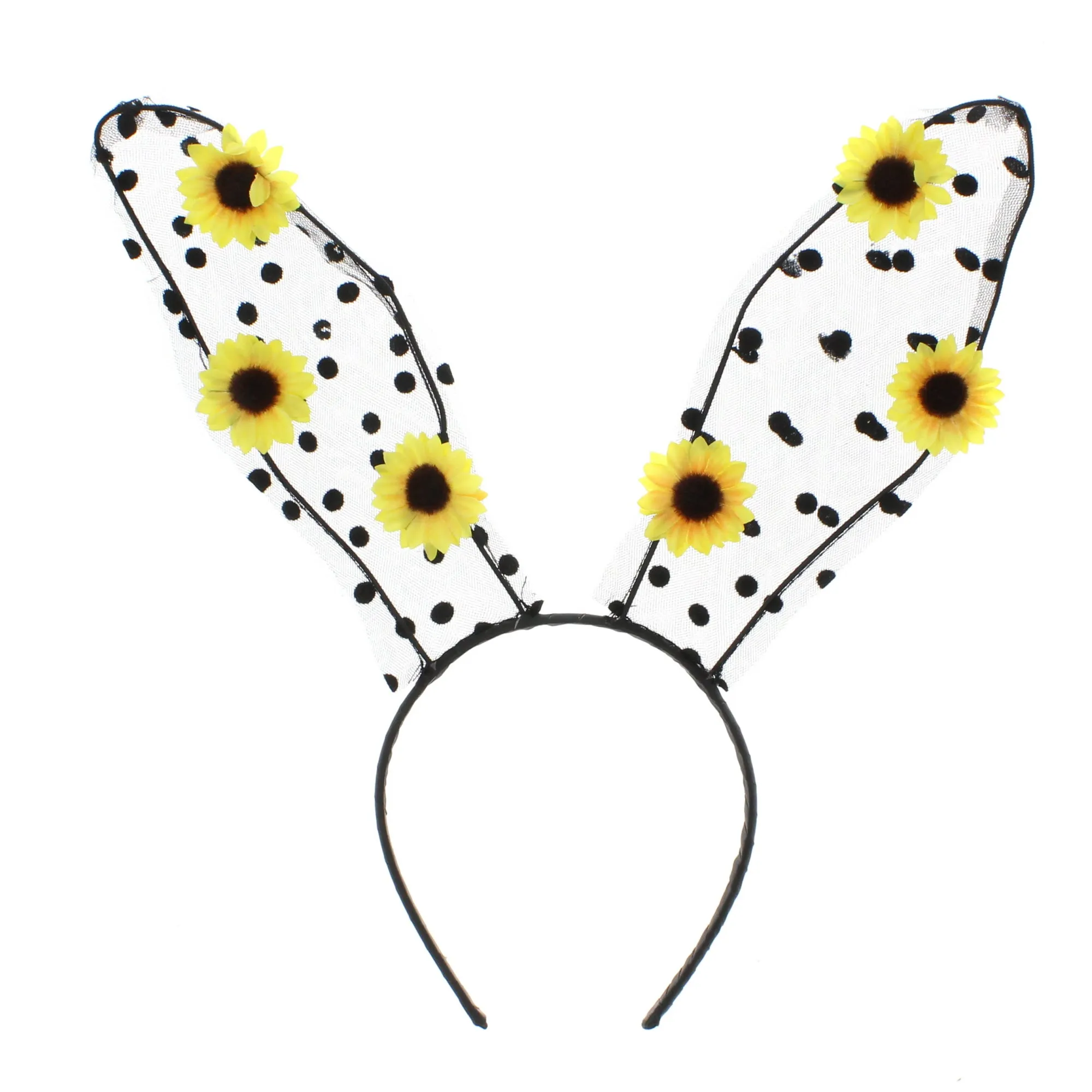 Lace Bunny Headband with Polka Dot Ears & Sunflowers