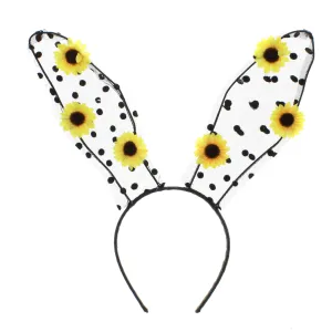 Lace Bunny Headband with Polka Dot Ears & Sunflowers