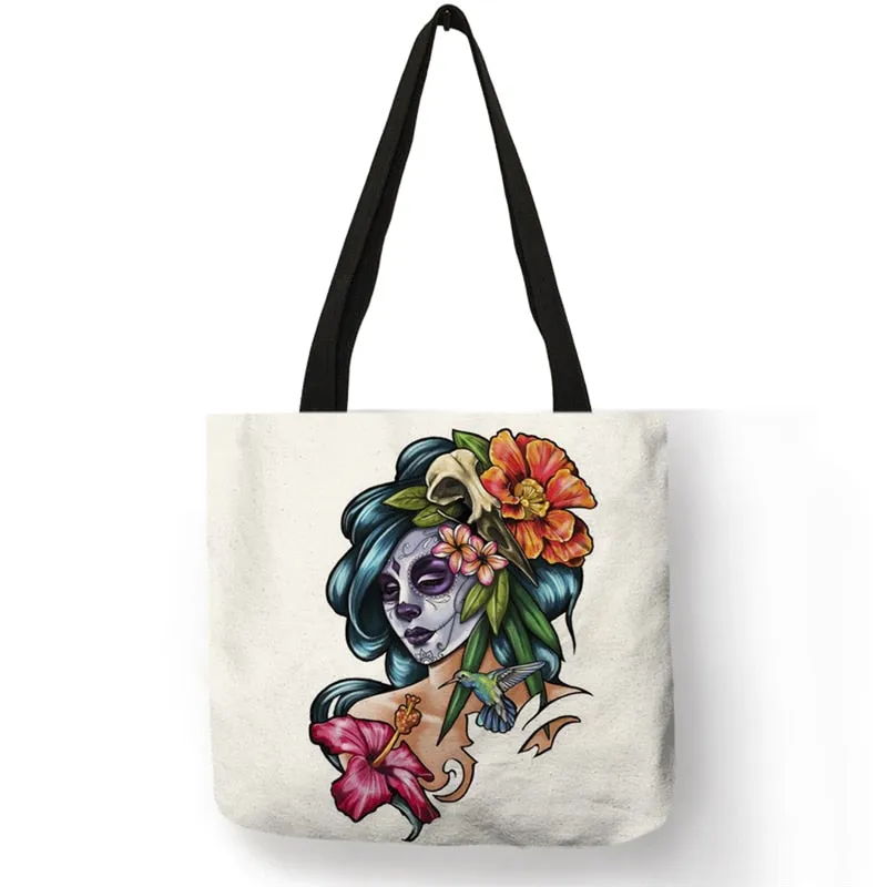 Large Capacity Canvas/Linen Shopping Bag with Unique Detailed Designs - Multipurpose