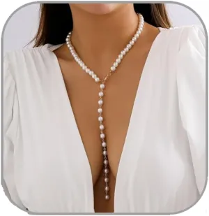 Lariat Necklace for Women Dainty 14K Gold/Silver Plated Long Necklaces Trendy Y-Shaped Pendant Necklace Layered Beaded Chain Necklaces Prom Necklace Jewelry