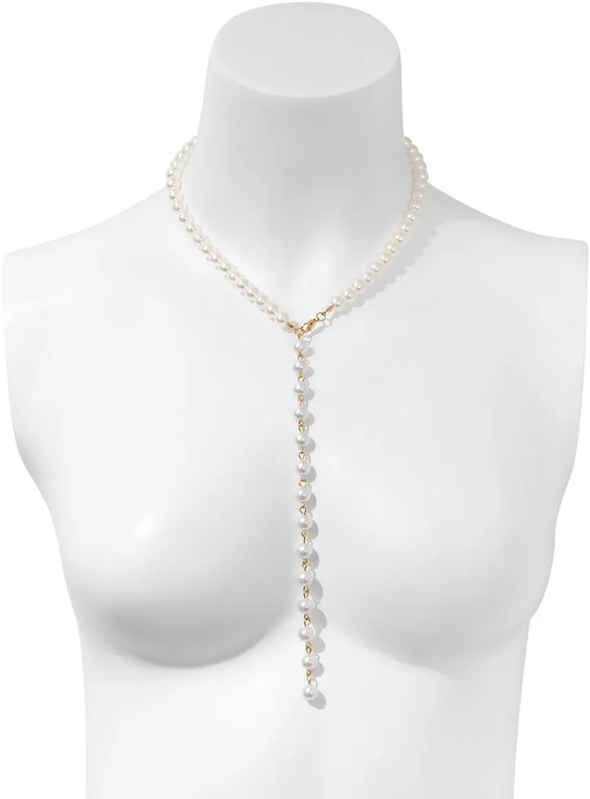 Lariat Necklace for Women Dainty 14K Gold/Silver Plated Long Necklaces Trendy Y-Shaped Pendant Necklace Layered Beaded Chain Necklaces Prom Necklace Jewelry