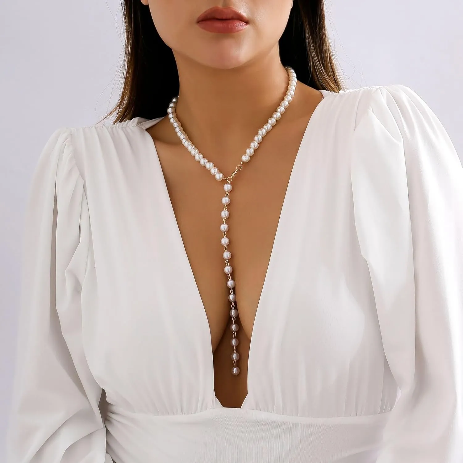 Lariat Necklace for Women Dainty 14K Gold/Silver Plated Long Necklaces Trendy Y-Shaped Pendant Necklace Layered Beaded Chain Necklaces Prom Necklace Jewelry