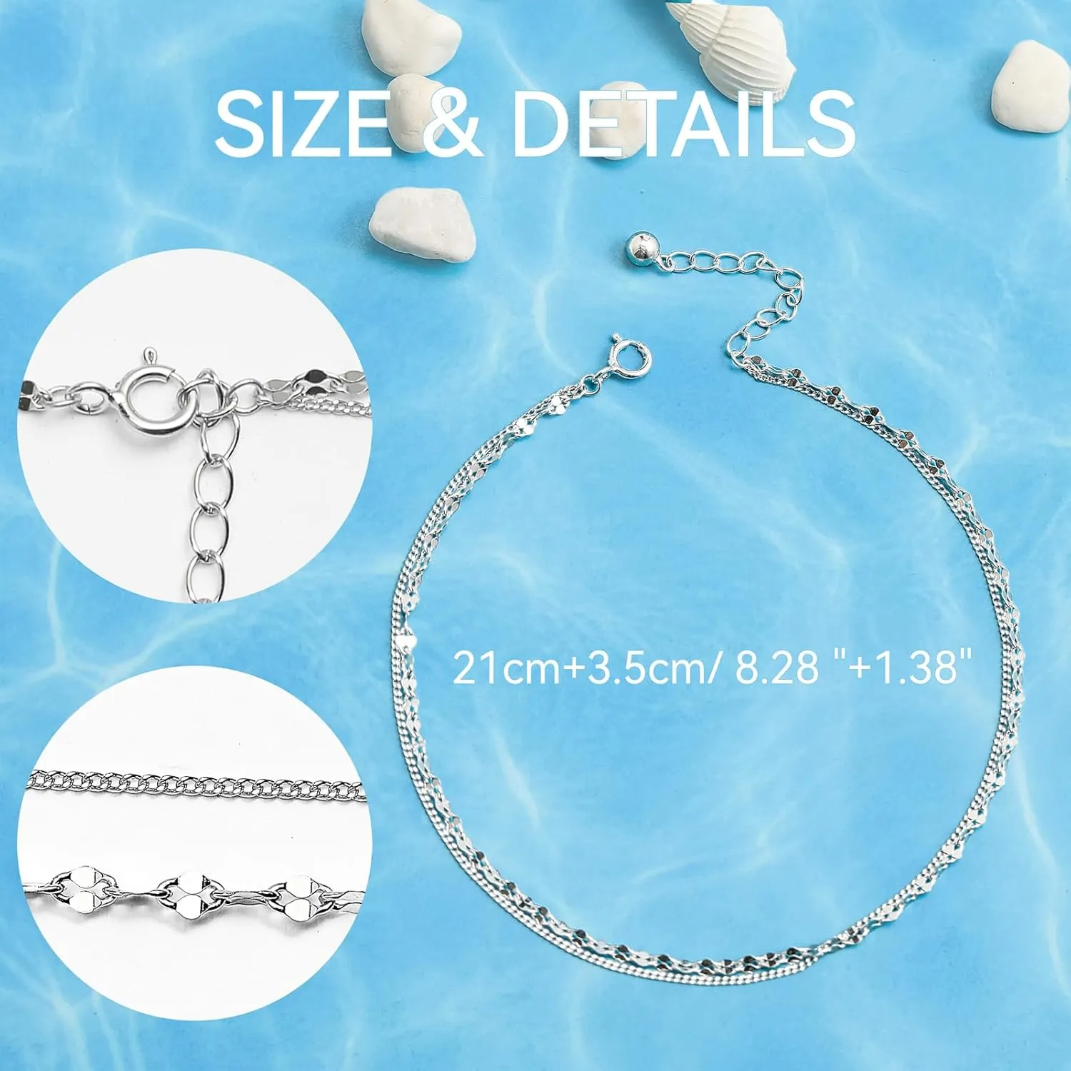 Layered Ankle Bracelets for Women Waterproof, S925 Sterling Silver 14K Gold Plated Anklets for Best Friends Adjustable Beaded Pendant Anklets Summer Beach Foot Jewelry Gifts