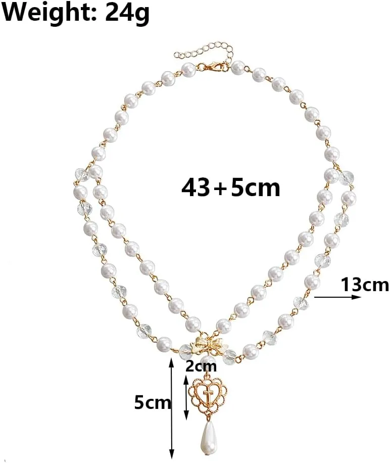 Layered Gold Pearls Choker Necklace for Women,Stackable Teardrop Heart Pendant Necklace Adjustable Cross Necklace Christmas Jewelry Accessories Gifts
