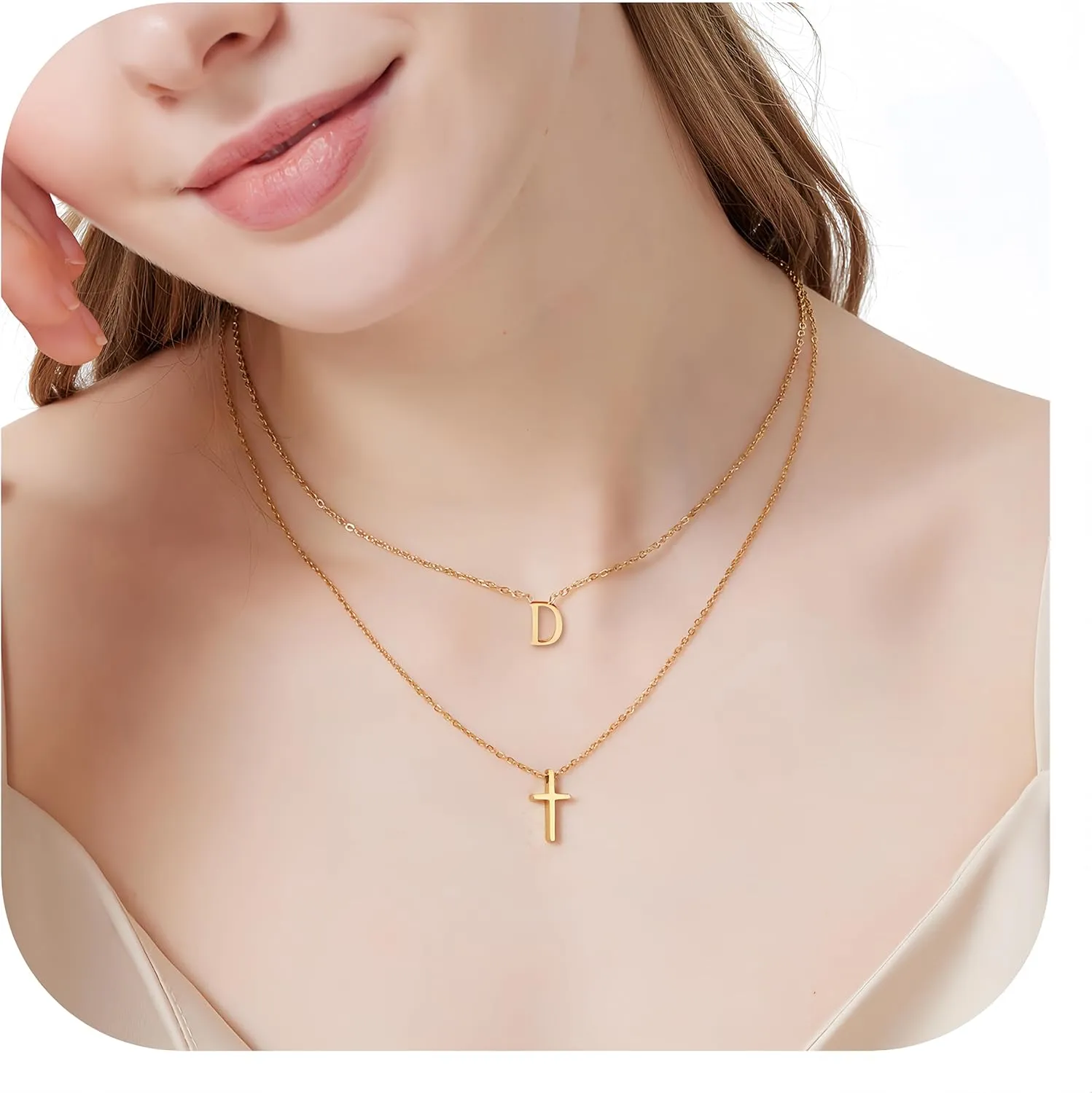 Layered Initial Necklace for Women, Fashion Cross Pendant Necklaces for Women, 18K Gold Plated Cute Letter Necklace A-Z, Hypoallergenic, Religious Christian Jewelry Birthday Gifts for Women