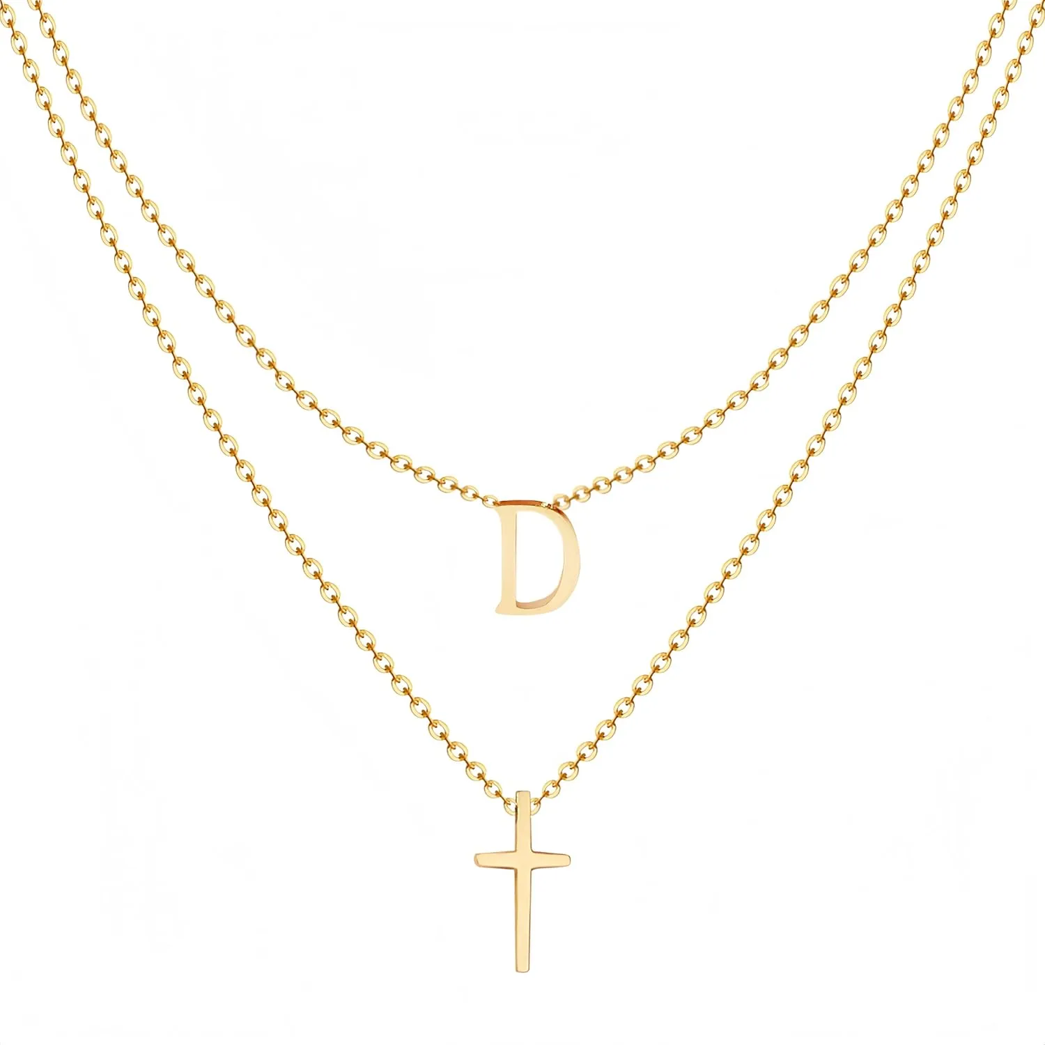 Layered Initial Necklace for Women, Fashion Cross Pendant Necklaces for Women, 18K Gold Plated Cute Letter Necklace A-Z, Hypoallergenic, Religious Christian Jewelry Birthday Gifts for Women