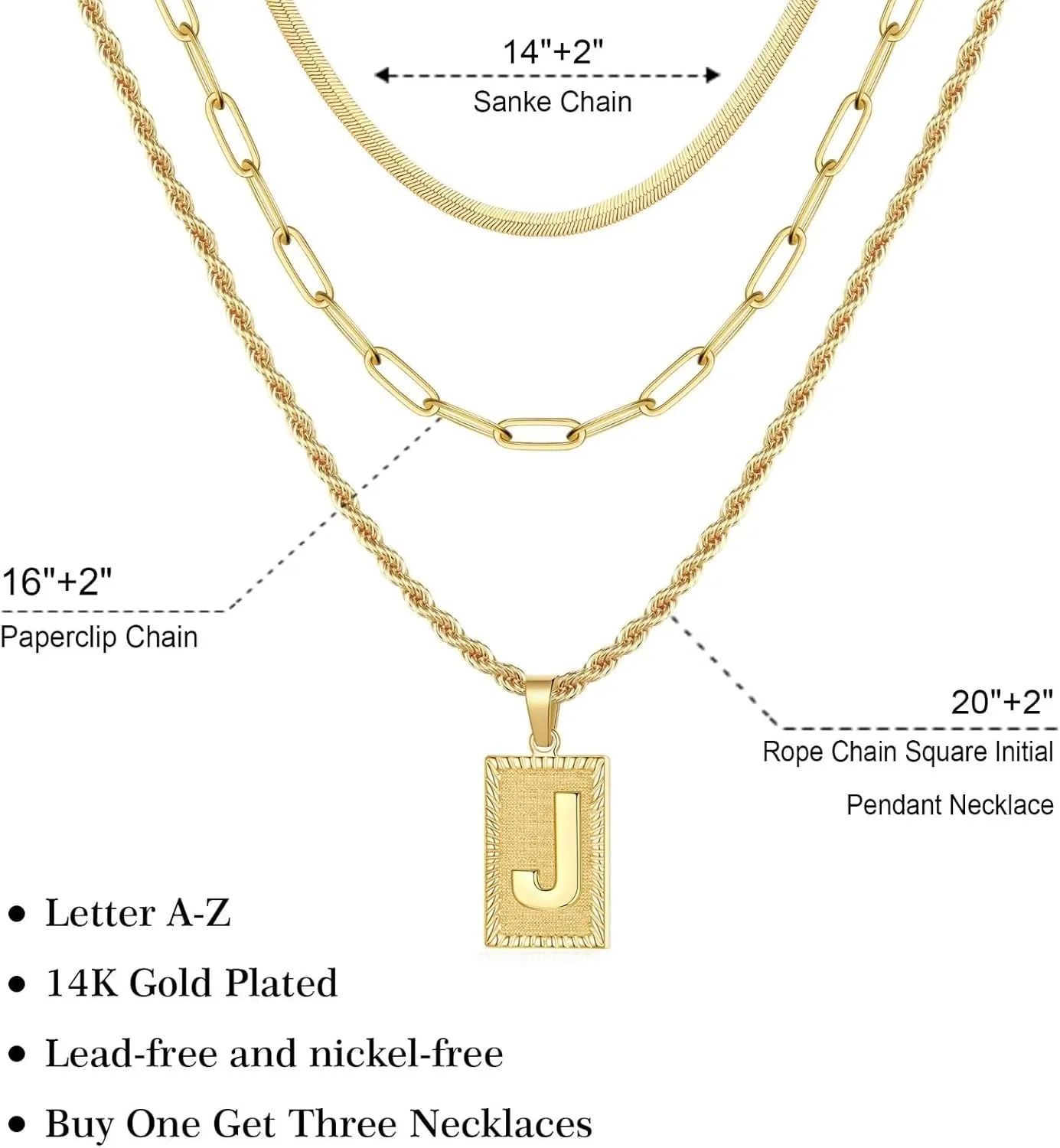 Layered Initial Necklaces for Women, 14K Gold Plated Layering Paperclip Chain Snake Choker Necklace Dainty Rope Chain Square Pendant Letter Initial Necklaces Gold Layered Necklaces for Women Jewelry