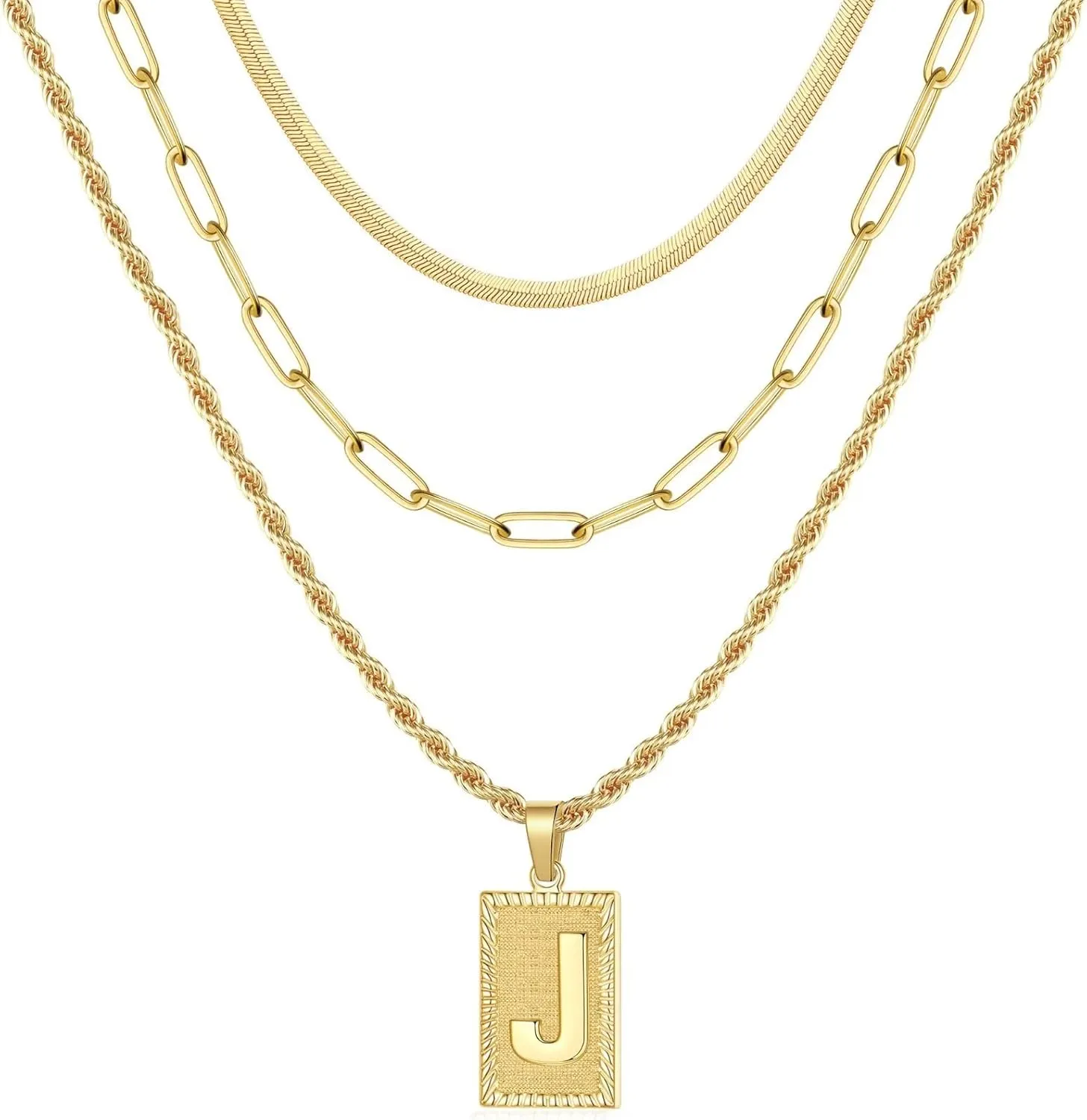 Layered Initial Necklaces for Women, 14K Gold Plated Layering Paperclip Chain Snake Choker Necklace Dainty Rope Chain Square Pendant Letter Initial Necklaces Gold Layered Necklaces for Women Jewelry