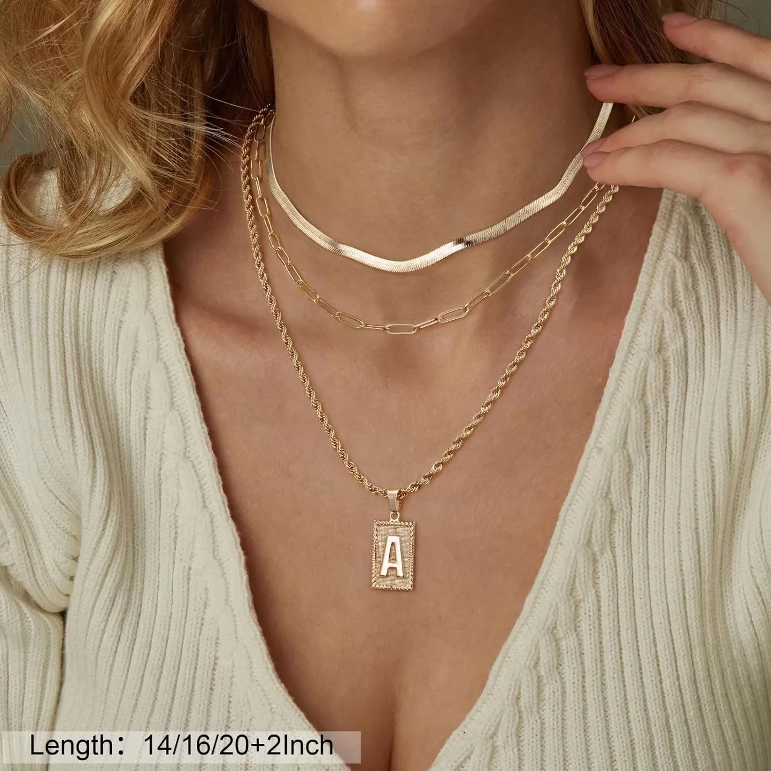 Layered Initial Necklaces for Women, 14K Gold Plated Layering Paperclip Chain Snake Choker Necklace Dainty Rope Chain Square Pendant Letter Initial Necklaces Gold Layered Necklaces for Women Jewelry