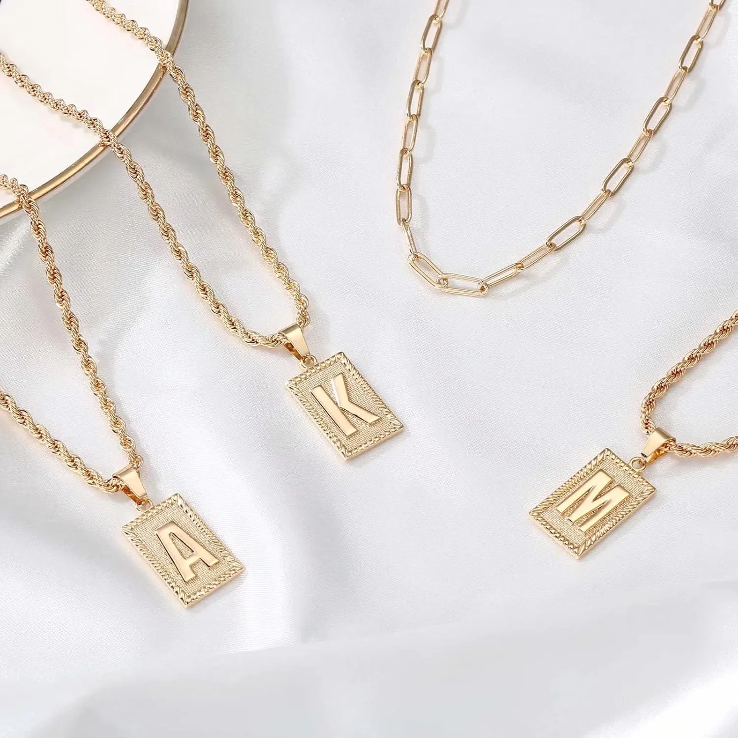 Layered Initial Necklaces for Women, 14K Gold Plated Layering Paperclip Chain Snake Choker Necklace Dainty Rope Chain Square Pendant Letter Initial Necklaces Gold Layered Necklaces for Women Jewelry