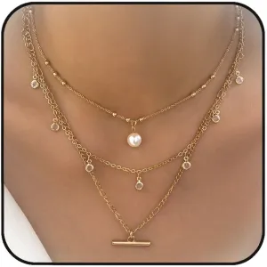 Layered Necklaces for Women Dainty Gold Necklace Stack Layered Pearl T Bar Heart Chain Necklace Women Herringbone Necklace Gold Jewelry Gift