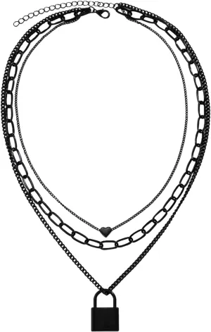 Layered Punk Necklace Vintage Paperclip Chains Lock Hearts Shaped Statement Choker Necklace for Women Lady (Black, One Size)