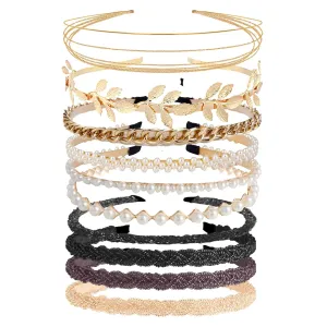 LifeDawn Headbands for Women Girls, 10Pcs Gold, Pearl Beaded Metal Hair Band, Rhinestone Head Bands, Nonslip Bridal Wedding Hair Accessories