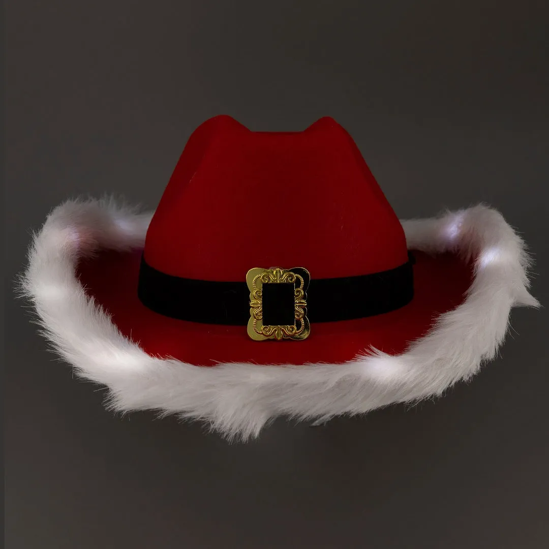 Light Up LED Santa Claus Red Christmas Cowboy Hats - Pack of 3