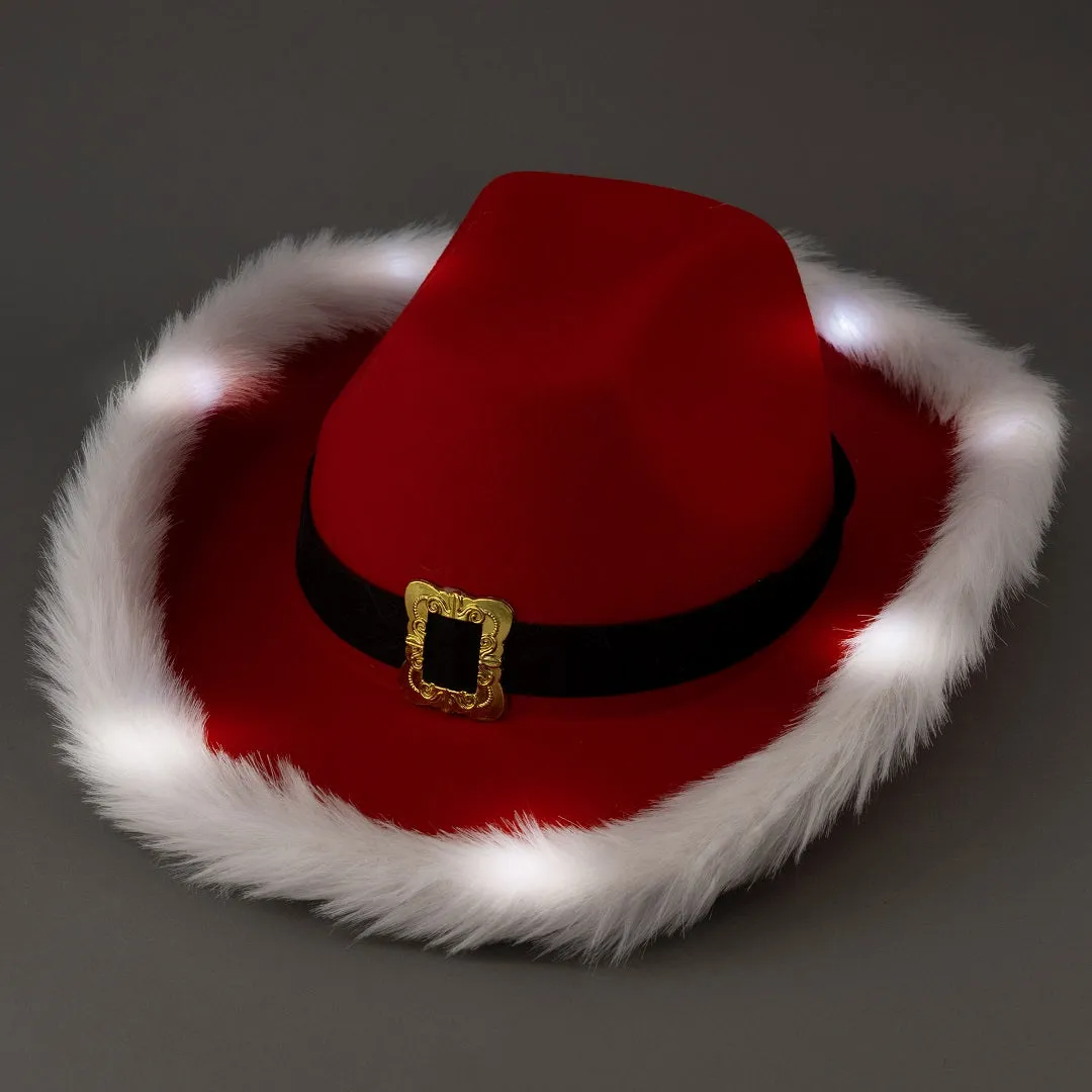Light Up LED Santa Claus Red Christmas Cowboy Hats - Pack of 4