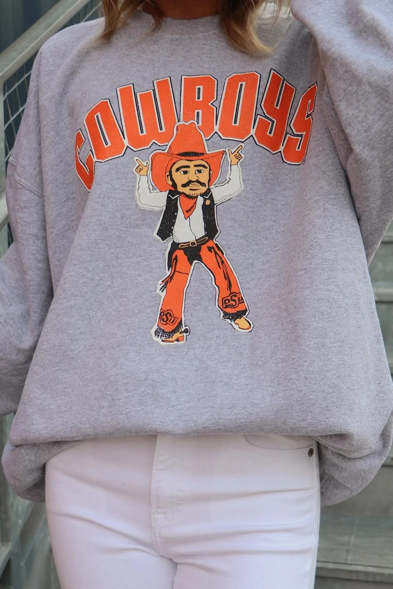 Livy Lu: Cartoon Mascot Puff Ink Thrifted Sweatshirt in Gray