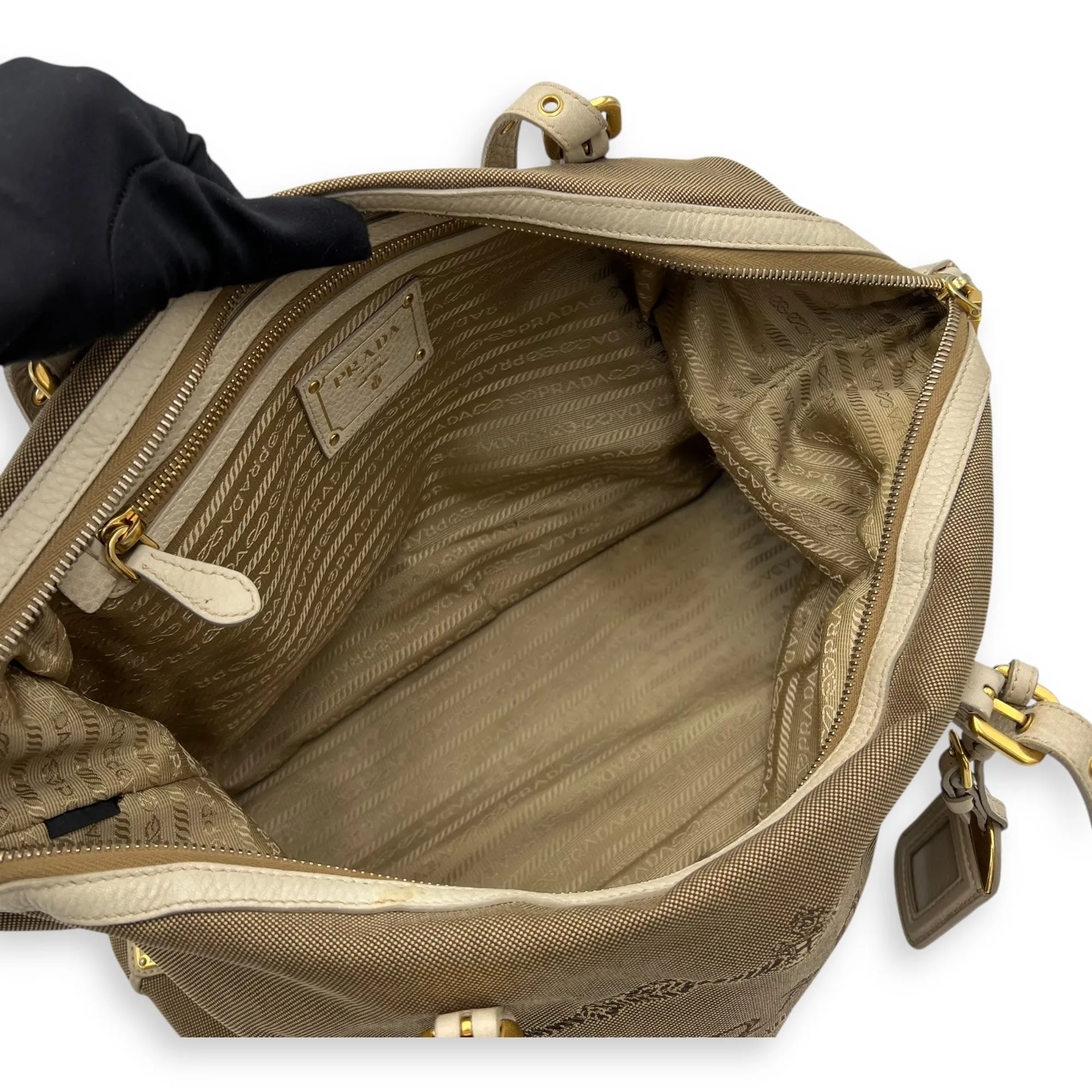 Logo Tote Bag Beige in Canvas, Gold hardware