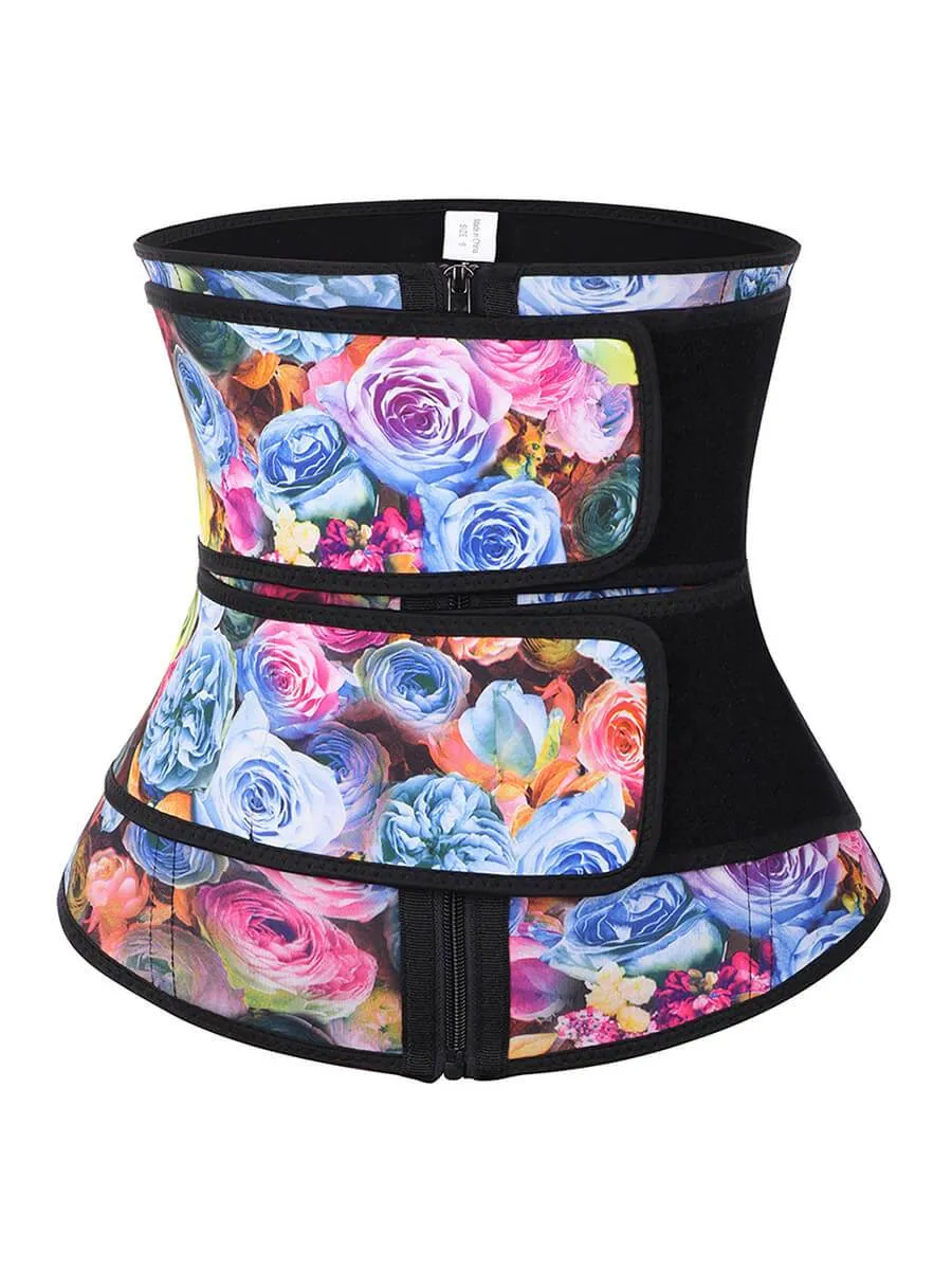 Loverbeauty Rose Print Double Belts Waist Cincher