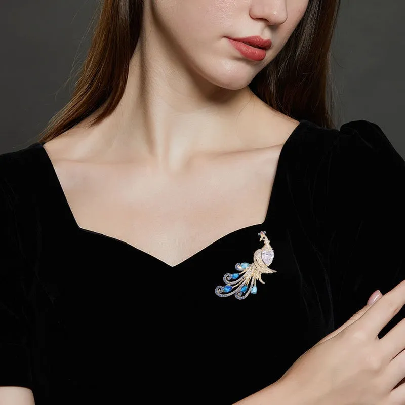 Luxury Colored Copper Inlaid Cubic Zirconia Peacock Brooch Women