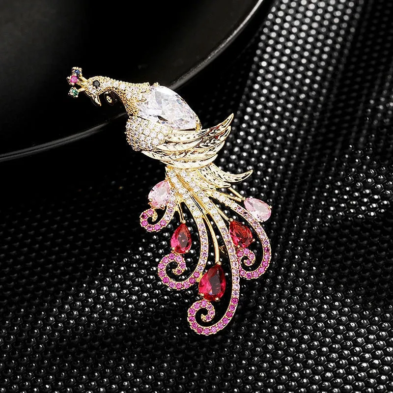 Luxury Colored Copper Inlaid Cubic Zirconia Peacock Brooch Women