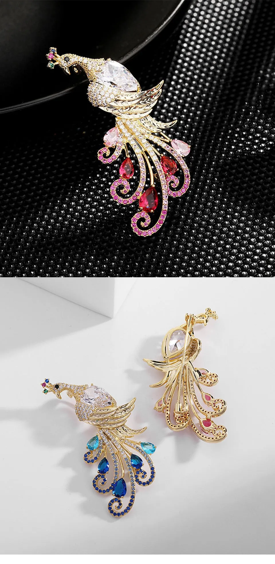 Luxury Colored Copper Inlaid Cubic Zirconia Peacock Brooch Women